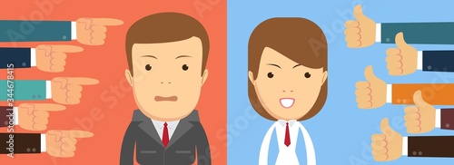 Business man and woman, many hands with thumbs. Dislikes and likes concept. Positive and negative emotion. Creative vector illustration