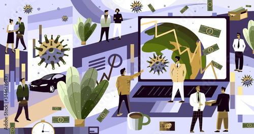 The global financial crisis due to the epidemic of coronavirus infection. Vector abstract illustration of people in business experiencing depression due to covid-19. Drawing for poster or background 