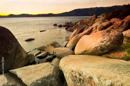 Sunset  on the Rocky Coastline of Lake Tahoe at Memorial Point  Lake Tahoe  Nevada  USA