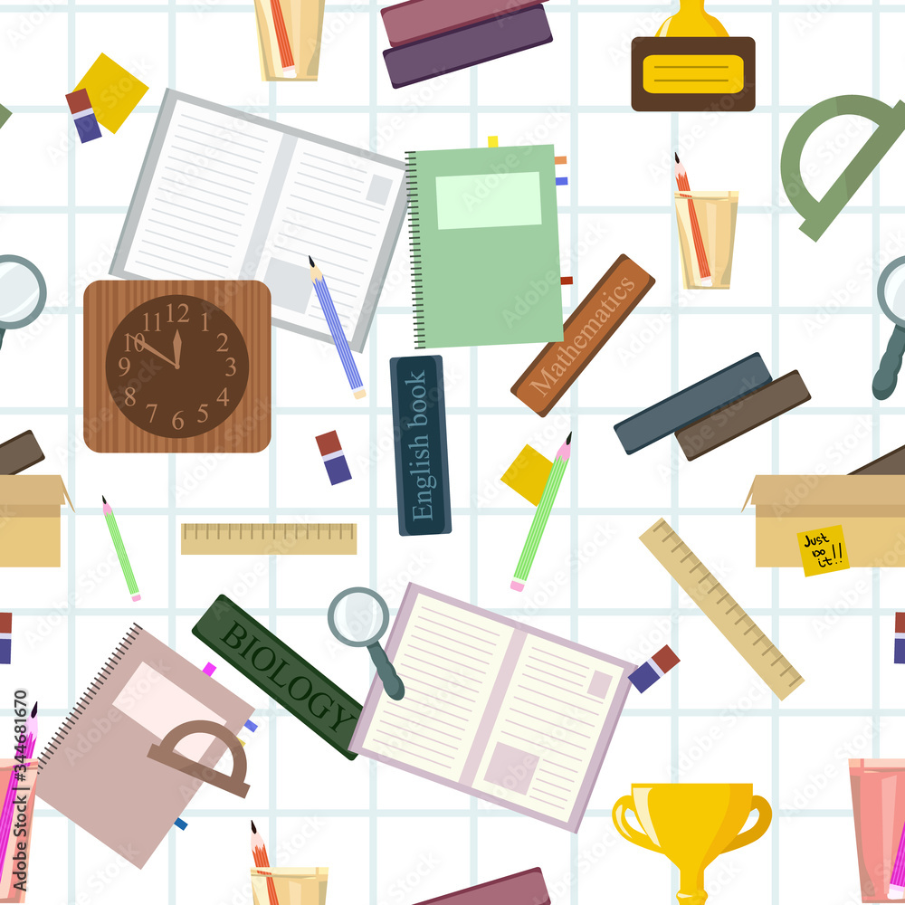 Training books, pencils, watches, awards - seamless vector pattern. Wallpapers for print on cover notebooks, children's clothes. Student return to school. Seamless pattern with school stationery. Training books, pencils, watches, awards - seamless vector pattern. Wallpapers for print on cover notebooks, children's clothes. Student return to school. Seamless pattern with school stationery.