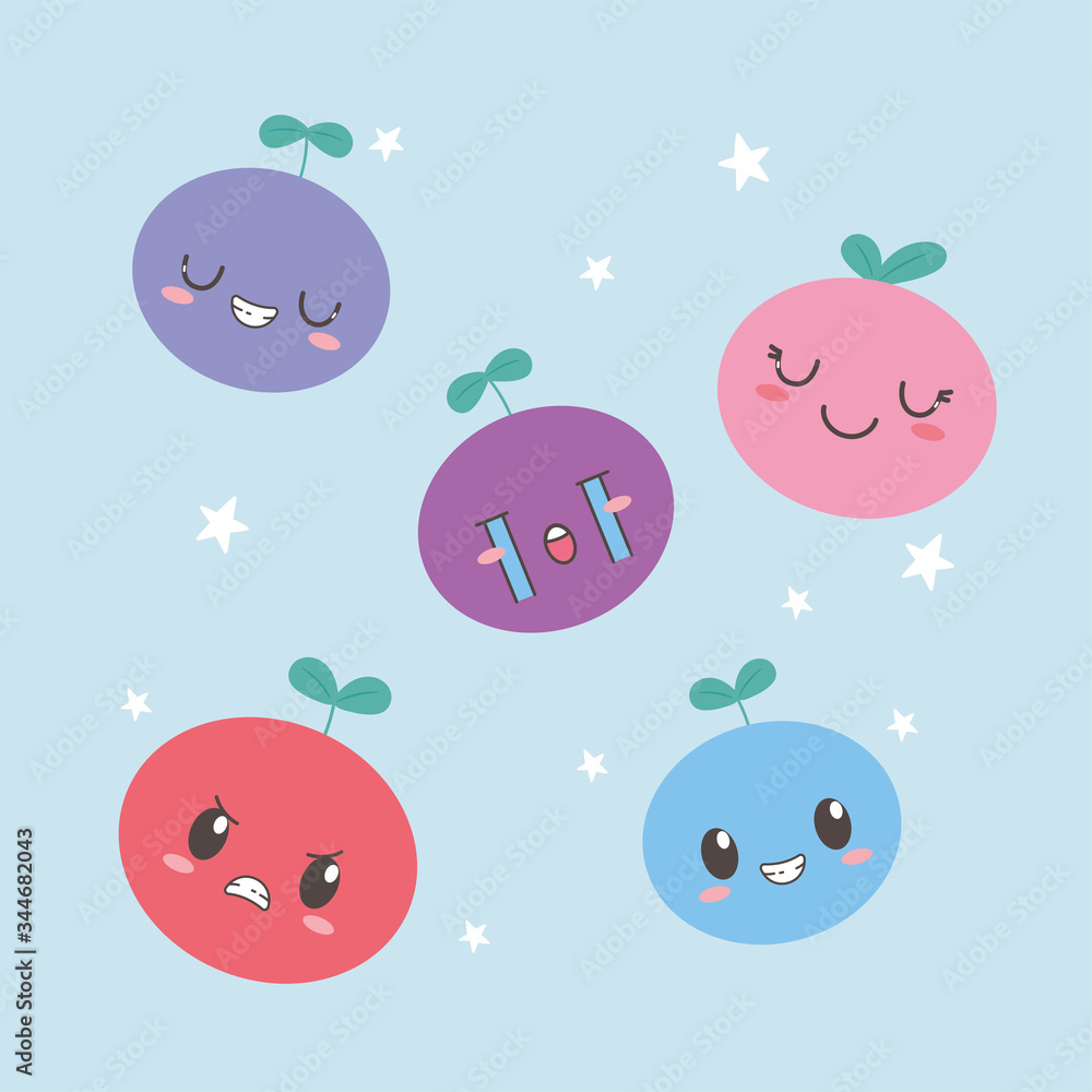 kawaii fruits funny different faces cartoon expression kawaii fruits funny different faces cartoon expression
