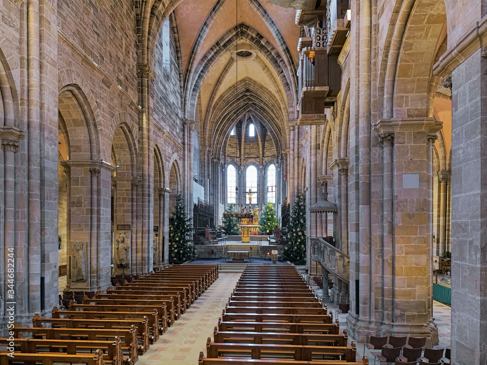 Bamberg, Germany. Interior of Bamberg Cathedral, view on western choir decorated for Christmas. Cathedral of St Peter and St George was founded in 1002. Current building was built in the 13th century.