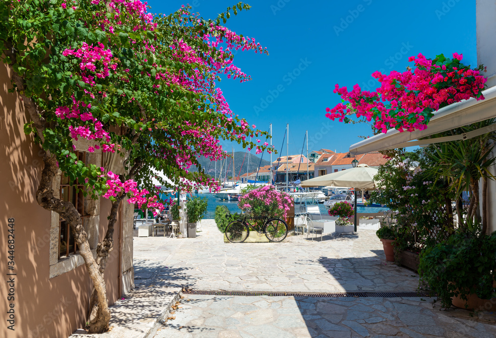 Beautiful Kefalonia sea port village in a sunny day in summer holiday in Greece