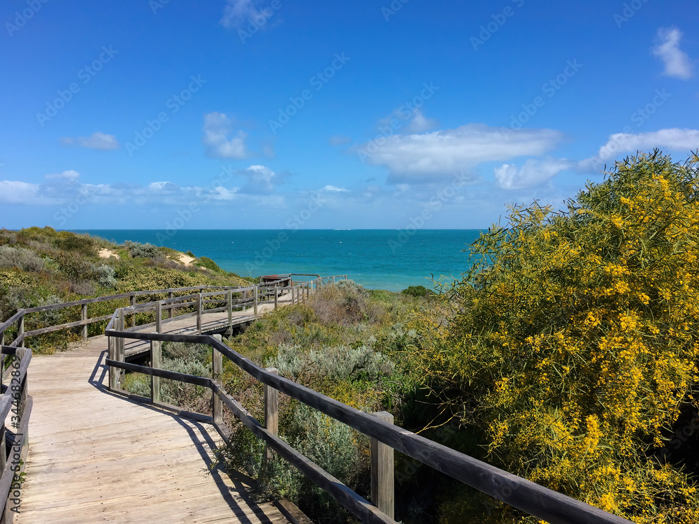 Small wooden bridge leads to coastal in Western Australia in sunny day