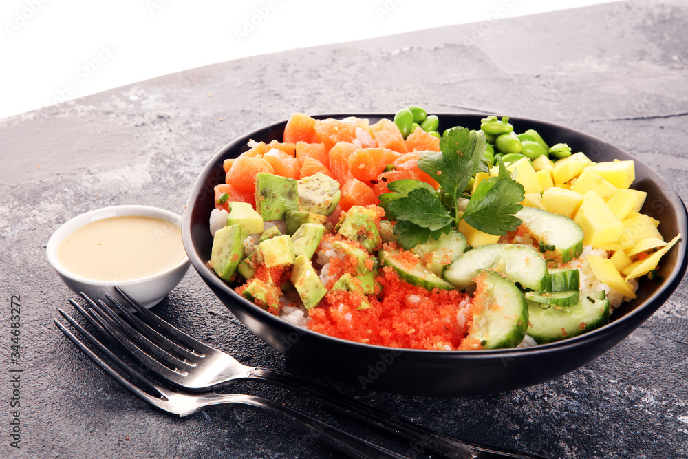 buddha bowl with salmon and avocado. Balanced detox trend snack buddha bowl with salmon and avocado. Balanced detox trend snack