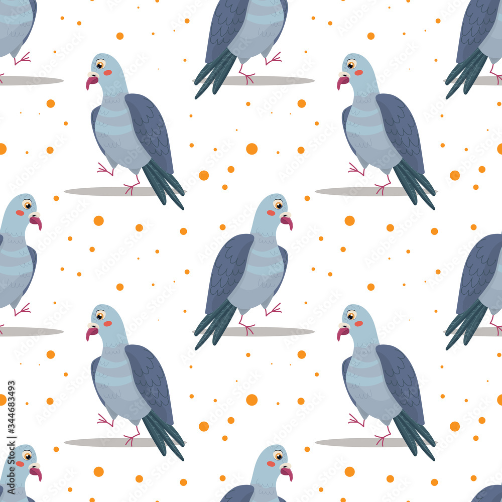 Obraz premium Seamless pattern with doodle cute cartoon doves isolated on white background. Colorful funny bird icon. Stock flat illustration. Cute background for textile print, wrapping paper and ets.