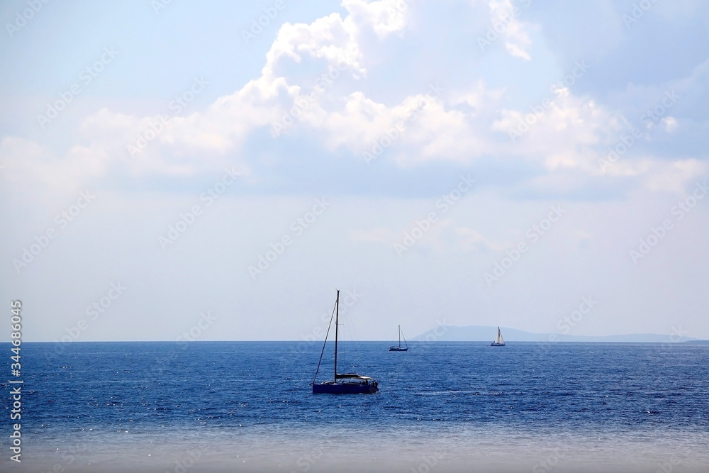 Sailing boat on the sea in southern Dalmatia region in Croatia. Beautiful landscape and bright summer day. 