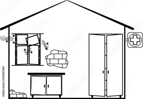 Isolated vector illustration of the broken building / room / medical cabinet / pharmacy with old furniture and sagging window