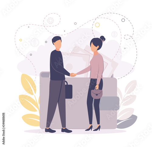 Time management. Make a deal. Illustration woman and man shake hands, on the background a wallet with banknotes, coins, gears, leaves, branches.