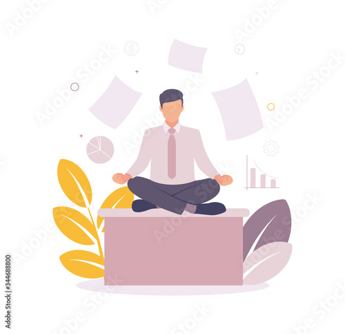 Time management illustration. Illustration of a man meditating on a table. Illustration of a man sitting in a lotus position, around on a background of chart, paper