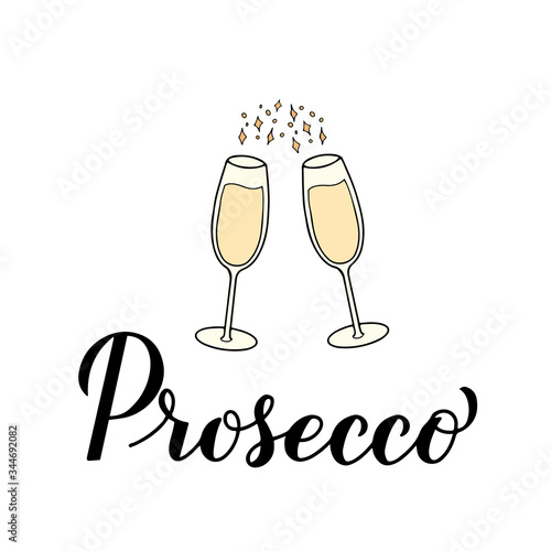 Prosecco calligraphy lettering with hand drawn clicking champagne glasses. Italian alcohol drink typography poster. Vector template for banner, poster, flyer, label, t-shirt, sticker, restaurant menu.