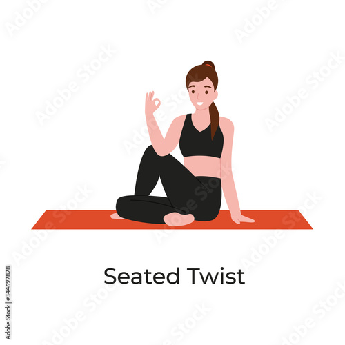 Young beautiful woman practicing yoga in seated twist pose. Flat vector cartoon modern style illustration isolated white background.