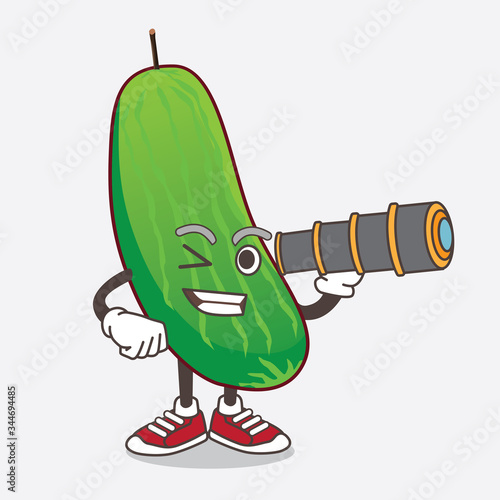 Cucumber cartoon mascot character using a monocular