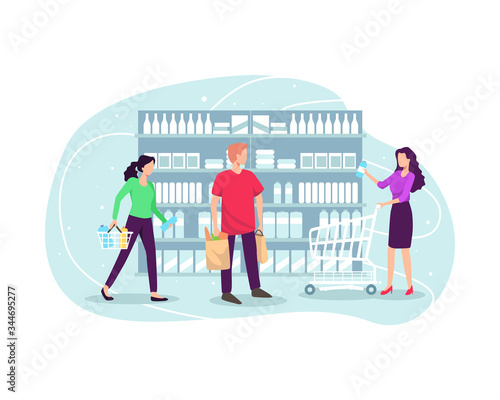 People shopping at supermarket and buying product