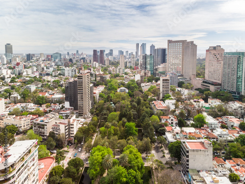 Aerial panoramic view of Parque Lincoln, and its surrounding skyline, in Polanco, CDMX.  photo