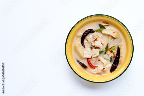 Thai food, Coconut milk soup with chicken on white background.