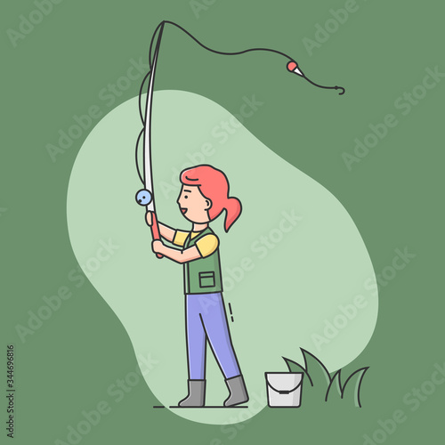 Concept Of Fishing With Spinning And Rest. Cheerful Fisherwoman Is Standing And Cast. Sport Outdoor Woman Leisure or Relaxation At Her Hobby . Cartoon Linear Outline Flat Style. Vector Illustration