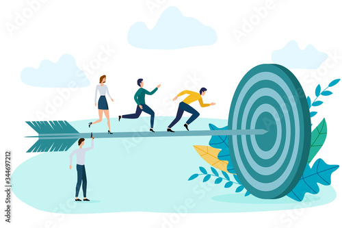 Businessmen running to the goal.The concept of achieving a goal, purposefulness.Vector illustration.