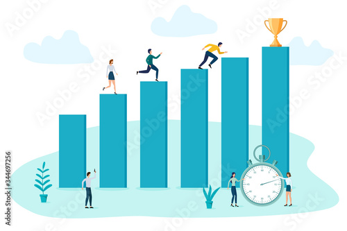 Little people run to victory on the road of columns.The concept of motivation for moving up, achieving a goal.Vector illustration.