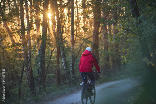 Biciclist in a forest in the light of a sunset.