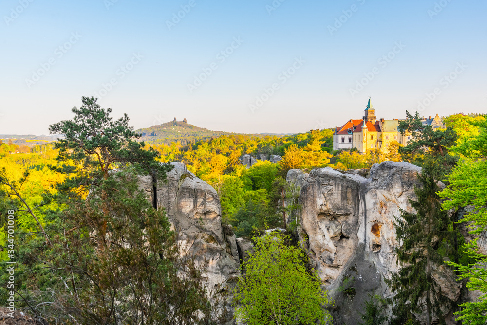 Spring landscape panorama of Bohemian Paradise, Czech: Cesky Raj. Hruba Skala castle and Trosky ruins. Czech Republic