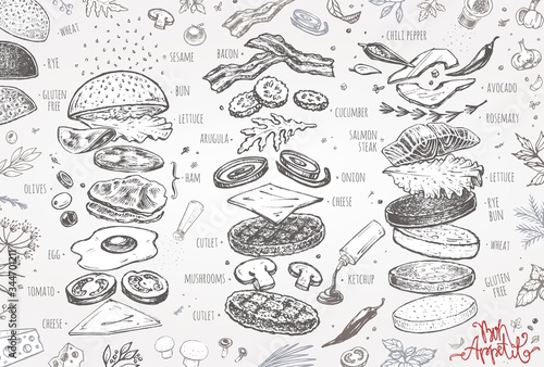 Burger menu. Vintage template with hand drawn sketches of a hamburger and its ingredients. Engraving style icons - bun, cucumbers, eggs, salad, tomatoes and cheese.