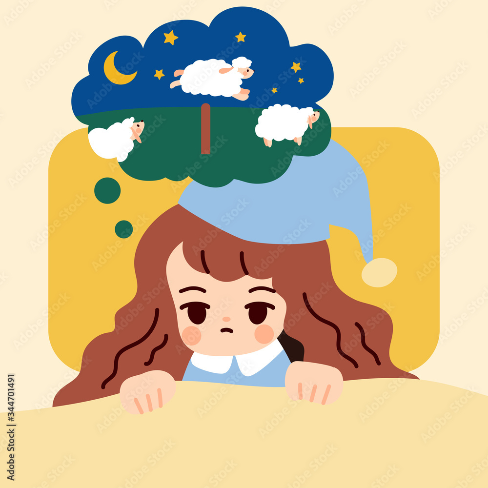 A girl counting sheep illustration