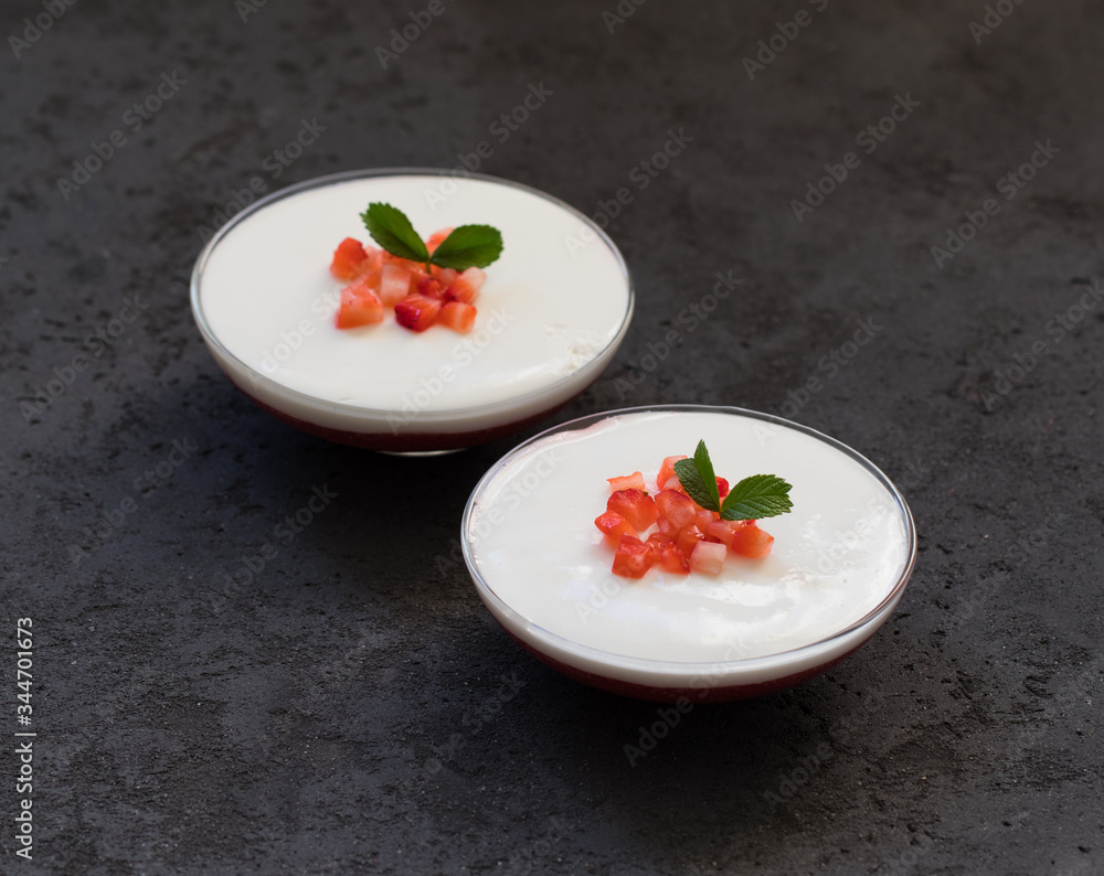 Creamy berry dessert Panna cotta vanilla with strawberries in a glass bowl on a dark gray background Creamy berry dessert Panna cotta vanilla with strawberries in a glass bowl on a dark gray background