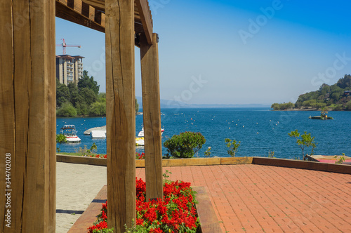 PUCON  CHILE - SEPTEMBER  23  2018  Pucon town in central Chile on a blue skies sunny day