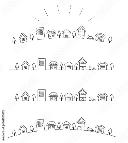 手描き　シンプルで可愛い町並みのイラスト素材