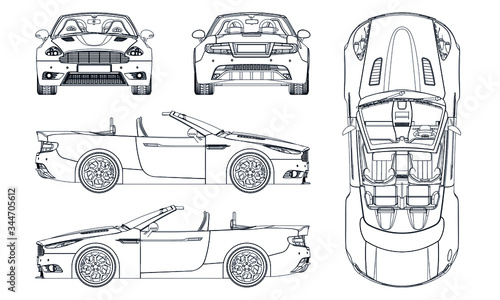 Sport car in outline. Sport vehicle template vector isolated on white. View front, back, side, top.