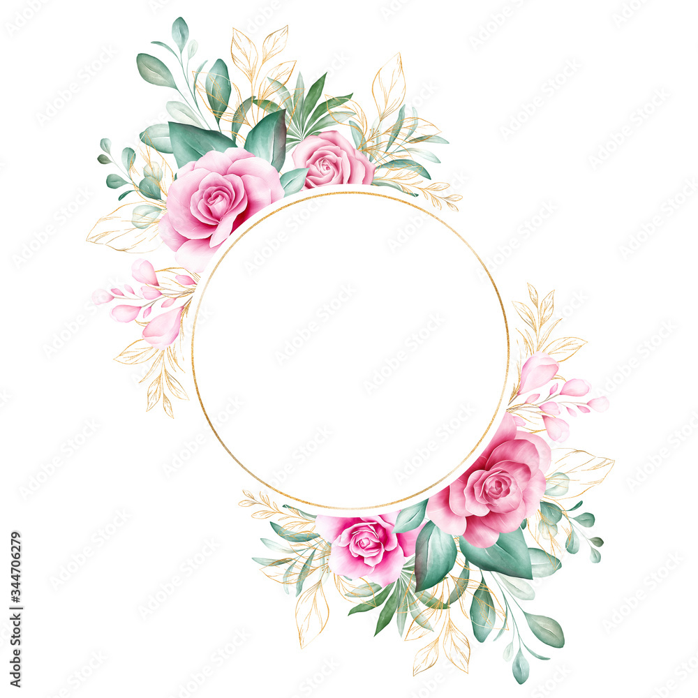 Watercolor floral frame. Botanic decoration illustration of roses and gold leaves. Botanic composition for wedding or greeting card design isolated background