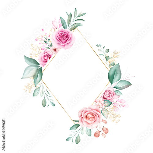 Watercolor floral frame. Botanic decoration illustration of roses and gold le...