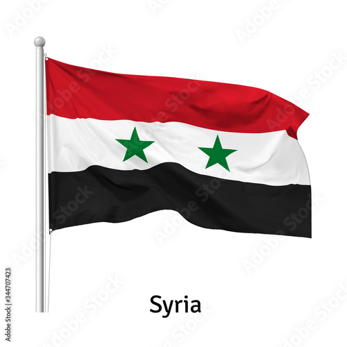 Flag of the Syrian Arab Republic in the wind on flagpole, isolated on white background, vector