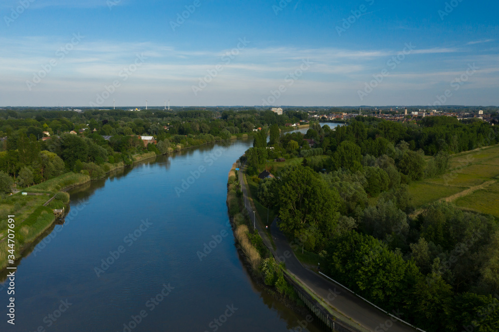 Aerial view of the Scheldt river, in Grembergen, Belgium Aerial view of the Scheldt river, in Grembergen, Belgium