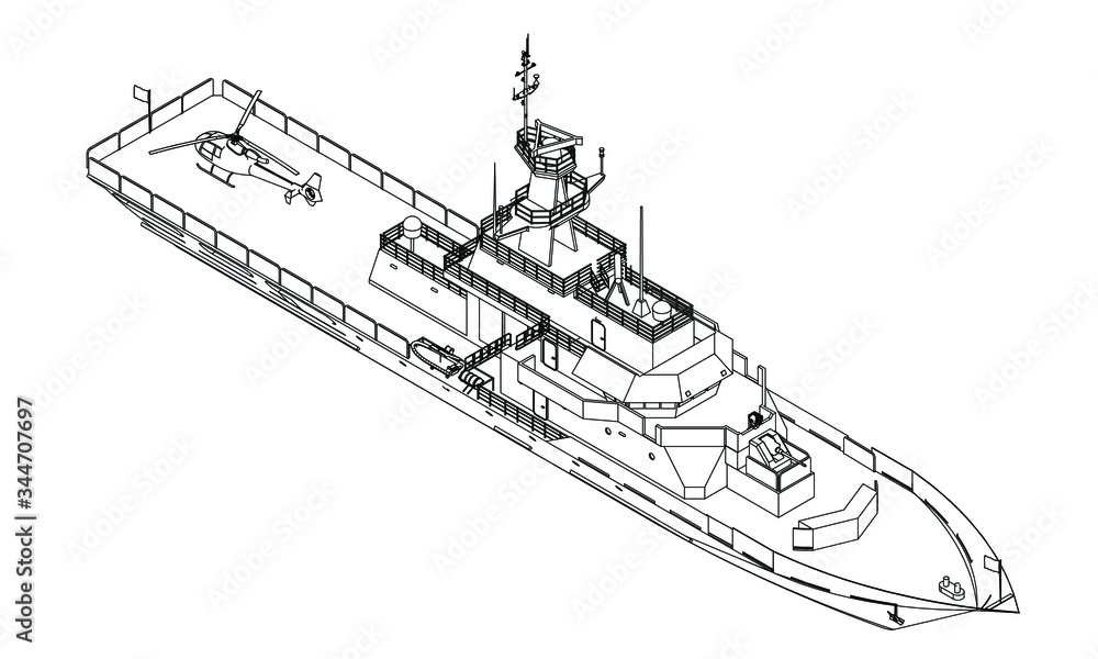 Obraz premium Military ship outline vector. Military vehicle template vector isolated on white. 