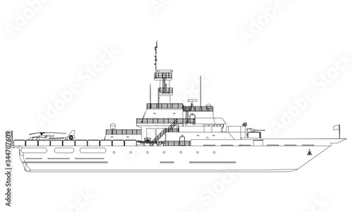 Military ship outline vector. Military vehicle template vector isolated on white. 