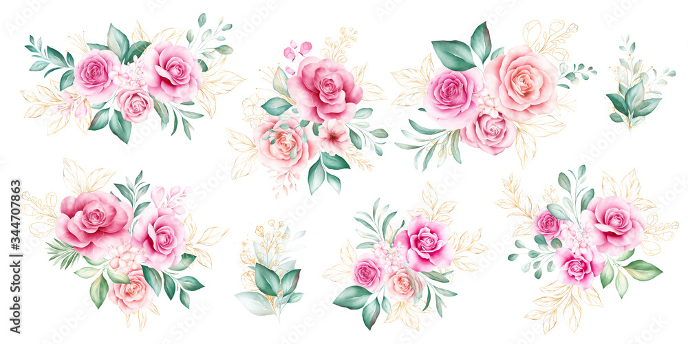 Watercolor flowers bouquet set. Floral illustration, leaf and buds arrangement. Botanic composition design for wedding, greeting card isolated white background