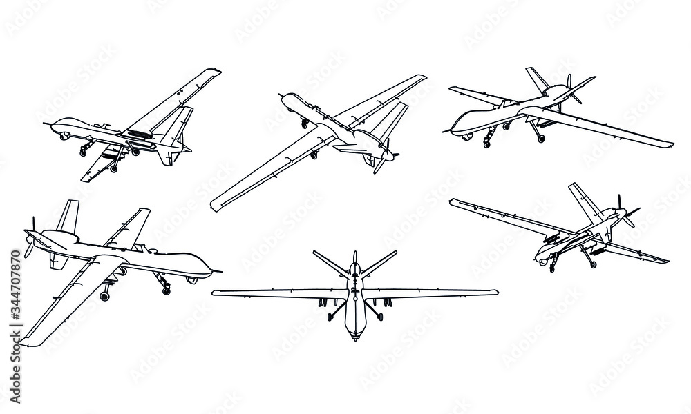 Drone outline vector. Military vehicle template vector isolated on white. Drone outline vector. Military vehicle template vector isolated on white.