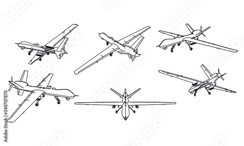 Drone outline vector. Military vehicle template vector isolated on white.