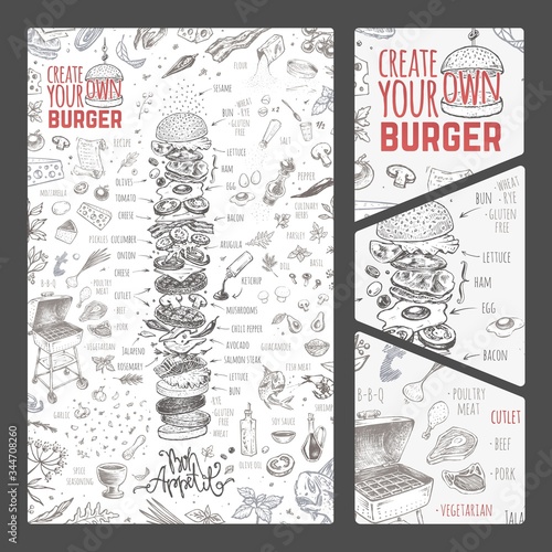 Burger menu. Vintage template with hand drawn sketches of hamburger and infographic with fast food ingredients. Engraving style vector icons - pizza, tacos, barbecue, beverages and sweets