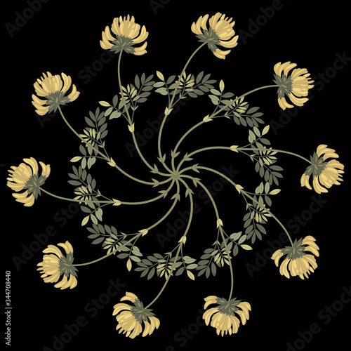 Isolated vector illustration. Round floral decorative shape. Mandala with branches of yellow meadow vetch flowers. Phaca australis. 