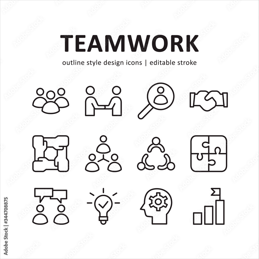 Team work icon set. Contains such Icons as alliance, cooperation, and more . Line style design. Vector graphic illustration. Suitable for website design, app, template, ui. Editable stroke.