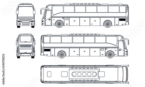 Bus outline vector illustration. Bus vehicle template vector isolated on white. View front, back, side, top.