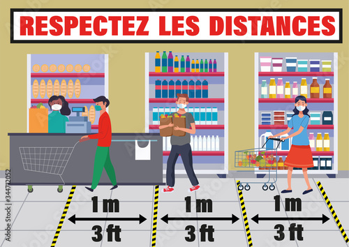 carte ou bandeau sur "respectez les distances de sécurité entre personnes portant un masque de 1 mètre ou 3 pieds" pour éviter de se contaminer, dans un magasin à une caisse