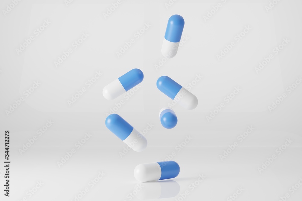Falling blue pill capsules on white background. 3d render medical capsules
Falling blue pill capsules on white background. 3d render medical capsules