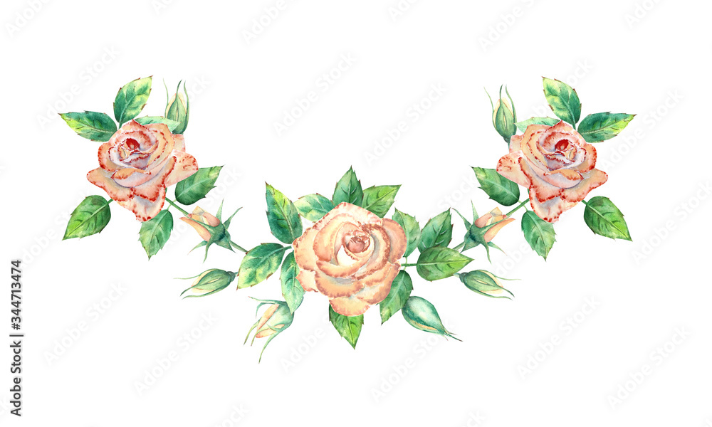 A wreath, a composition with delicate rose flowers and decorative twigs for wedding and festive decoration of invitations, business cards, postcards, and other things. Watercolor style