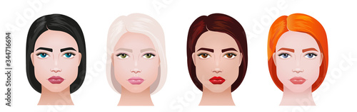 Beautiful woman with different hair colors and skin. Seasonal color types for women skin and hair color. Different types of girl's appearance, spring, summer, autumn and winter.