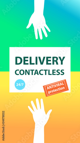 Contactless delivery template logo, poster, banner with hands during quarantine. Untouchable delivery box for epidemic control prevention measure of coronavirus
