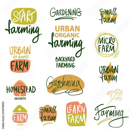 Logo start-up backyard family farm. Set  logotype for organic natural food. Learn farm. Template logo, badge, insignia, sign isolate on white background for smart small micro business